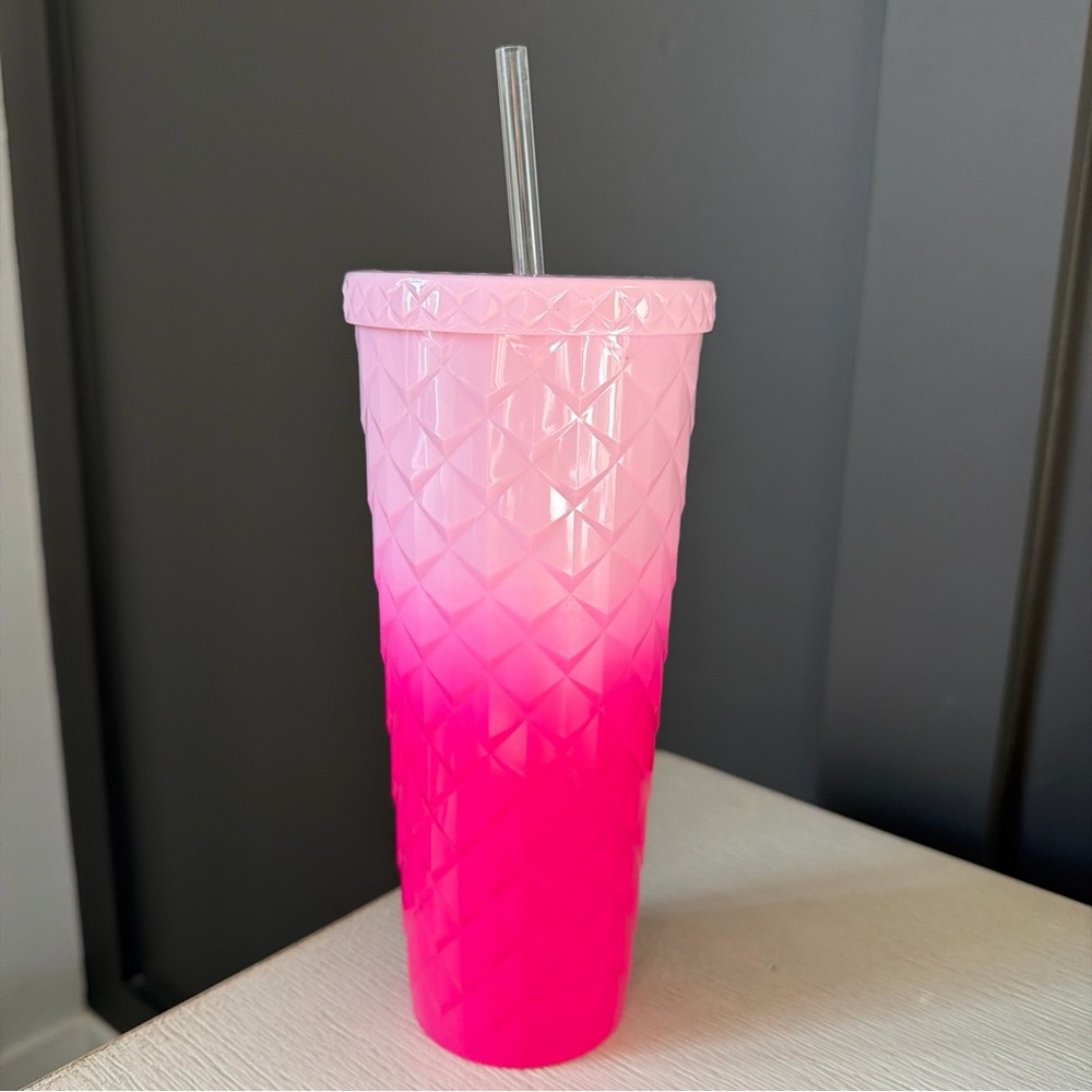 Vibrant Barbie Pink Ombre Tumbler with Straw 20oz New BPA Free Plastic Textured
